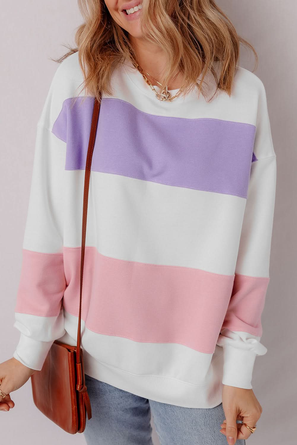 Beige Colorblock Patchwork Drop Shoulder Crewneck Sweatshirt - Love Salve
